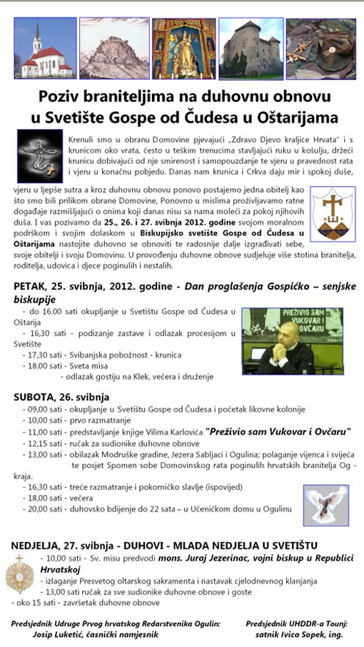 Poziv braniteljima na duhovnu obnovu u Svetište Gospe od Čudesa u Oštarijama